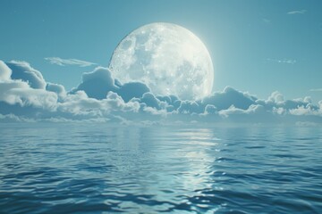 Poster - Full moon rising over a body of water. Suitable for night sky or nature backgrounds