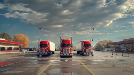 Wall Mural - Two red semi trucks parked in a parking lot. Suitable for transportation industry promotions