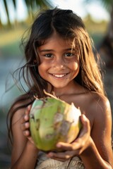 Canvas Print - A young girl holding a green coconut. Suitable for tropical themes