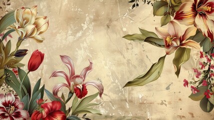 Poster - Colorful painting of flowers and leaves on a wall, suitable for interior design projects