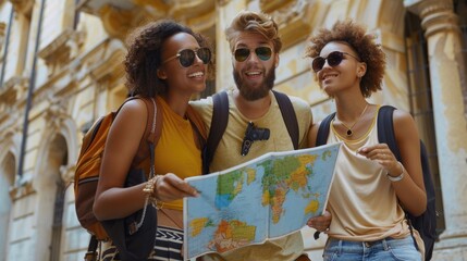 Poster - Group of three individuals standing with a map, perfect for travel concepts