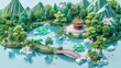 3D model of a tranquil Japanese garden with a picturesque pond and traditional bridge. Ideal for landscaping or architectural design projects