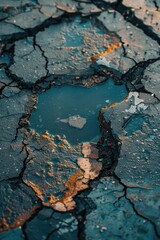 Poster - A puddle of water on a cracked surface, suitable for textures and backgrounds