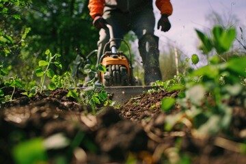 Aufkleber - A man operating a chainsaw in a garden. Suitable for landscaping or DIY projects
