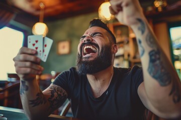 Poster - A man with a beard holding up a playing card. Suitable for gambling or game concepts