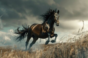 Aufkleber - A dynamic image of a horse galloping in a picturesque field. Ideal for nature and animal themes