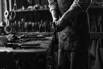 Sticker - A black and white photo of a man working in a workshop. Suitable for industrial and craftsmanship themes