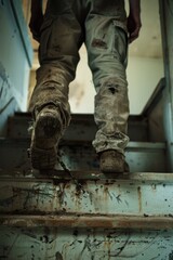 Poster - A person ascending a staircase. Ideal for illustrating progress and growth