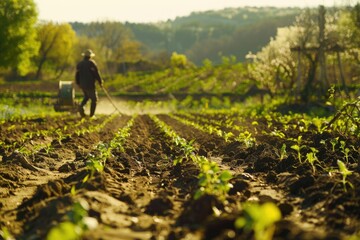 Poster - A man walking through a field of crops. Suitable for agriculture concepts