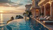 A large swimming pool with lounge chairs overlooking the ocean. Ideal for travel brochures and vacation advertisements