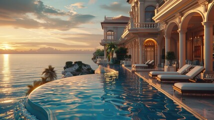 Aufkleber - A large swimming pool with lounge chairs overlooking the ocean. Ideal for travel brochures and vacation advertisements