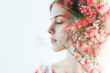 Beautiful woman face covered with beautiful flowers, cosmetics, beauty products,Autumn season for healthy mental in double exposure. happy woman's day concept. Generative AI