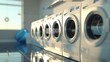 A row of washing machines in a 3D render that illustrates the energy efficiency scale concept and energy efficiency concept