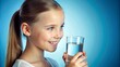 A school-age girl close-up smiles holding a glass transparent glass of clean water in her hands on a light background. Drinking water delivery, personal care, health, water advertising.
