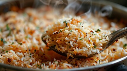 cooking pot and spoon: biryani rice close-up, generative ai