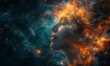 Profile of a woman's head with a glowing brain and a starry sky background