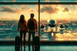 Couple with luggage at the airport windows before boarding their flight. Tourism, travel, vacations and honeymoon.
