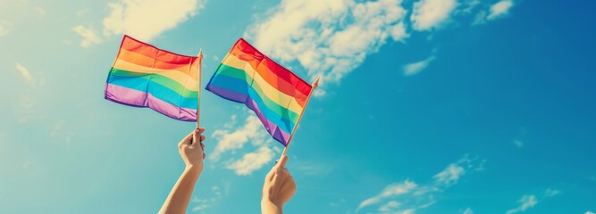 A pair of vibrant pride flags wave against the backdrop of a bright blue sky, a visual representation of freedom and the enduring spirit of the LGBTQ+ community.