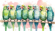 Row of colorful parakeets sitting on branch watercolor illustration.