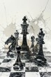 A captivating scene unfolds as chess pieces locked in battle on a frozen board, against a serene white backdrop.