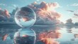 Dreamy cloudscape in a glass bubble resting on a reflective surface on white background.