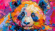A close-up portrait of a panda in the style of impasto painting or thick oil strokes. Wild animal looking at something. Illustration for cover, card, interior design, poster, brochure or presentation.
