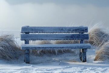 Poster - An evocative portrayal capturing the essence of solitude amidst a snowy expanse, centered around a solitary bench on a pristine white backdrop.