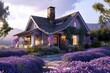 A cozy craftsman cottage exterior bathed in soft lavender hues, surrounded by fragrant lavender bushes.