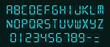 © Angela Ksen - Blue Digital Display Font with Alarm Clock Letters, Electronic Alphabet, Retro Calculator Symbols, LCD Monitor Characters, and Scoreboard Digits. Vector EPS 10