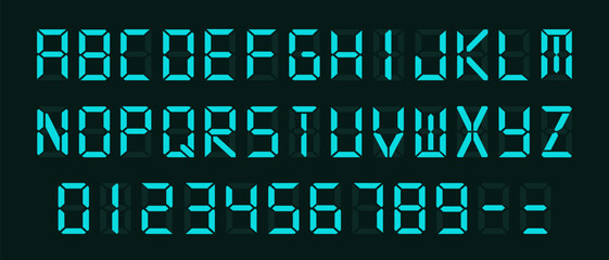 Poster - Blue Digital Display Font with Alarm Clock Letters, Electronic Alphabet, Retro Calculator Symbols, LCD Monitor Characters, and Scoreboard Digits. Vector EPS 10