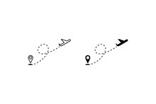 Plane Track To Point With Dashed Line Way Or Air Lines, Airplane Icon On White Background