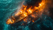 Aerial view of a burning tanker ship in the middle of the sea