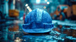 © Aliaksandra - Blue hardhat with water drops on the background of the building