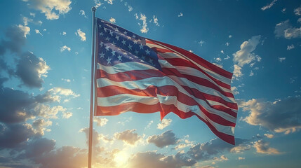 United States of America flag waving in the blue sky