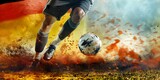 Fototapeta Natura - Close up of football or soccer player legs, running fast and kicking a ball while training at stadium field on the german flag background. Football europe championship in Germany wide banner concept.