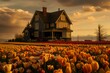 A craftsman house with a dark exterior, surrounded by vibrant tulip fields in full bloom.