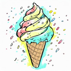 Sweet ice cream. Summer refreshment frozen icecream. Milk dessert favor cool product. Cartoon illustration for print.