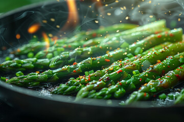 Poster - A bundle of slender asparagus spears sizzles in a hot skillet, emitting a savory aroma. Concept of cooking with seasonal vegetables. Generative Ai.