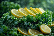 A cluster of leafy kale is massaged with lemon juice and olive oil, transforming it into a vibrant salad. Concept of nutritious greens and healthy eating habits. Generative Ai.