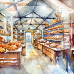 Watercolor of old typical european bakery store interior from de 70’s. Generative Ai