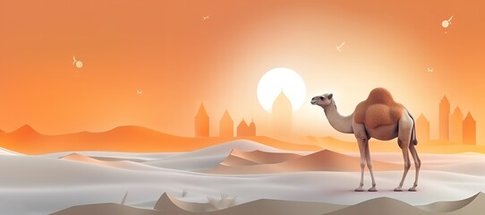 Wall Mural - Islamic background with camel in desert, Ramadan and Eid background copy space for text