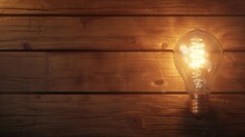 Close Up A Glowing Light Bulb On Rustic Wooden Board Background. AI Generated Image