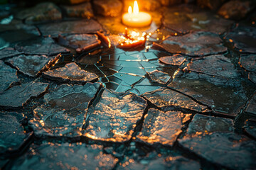 Wall Mural - a cracked mirror with shards scattered on the floor, indicating a moment of sudden impact or breakag