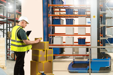 Poster - Man warehouse specialist. Worker stands in storage building. Man with boxes in warehouse. Storekeeper in helmet. Guy manager factory storage area. Storekeeper near shelves with containers