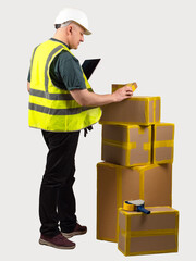 Poster - Man packager. Worker with tablet near stack of boxes. Packager inspects cardboard parcels. Packager man with tablet computer in hands. Guy with bunch of packages. Packer in reflective vest