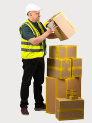 Poster - Man warehouse worker. Storekeeper with cardboard boxes. Worker inspects packages for damage. Warehouse employee uses tape dispenser. Portrait storekeeper on grey. Man storekeeper in reflective vest