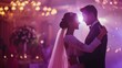 Portrait elegant happy wedding celebration with first dance at night with lights. AI generated