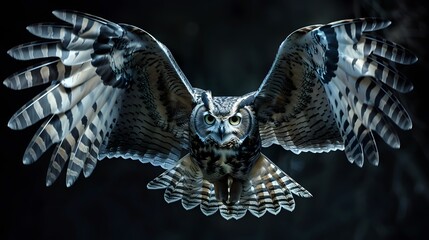 enchanting owl in flight showcasing its silent and predatory motion - isolated on black background - graceful hunter - majestic owl with wings of mystery 