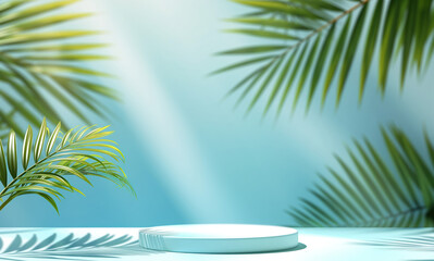 Wall Mural - Blue background with palm trees around. Baclground with empty space. Summer vacation concept.