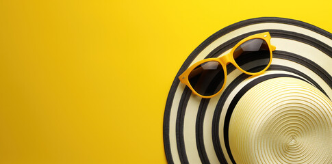 Wall Mural - Hat and sun glasses on a yellow background with empty space. Summer vacation and travel concept. 